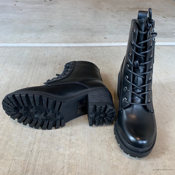 Black Combat Command Moto Zipper Tie Heeled Boots - Picture 6 of 7